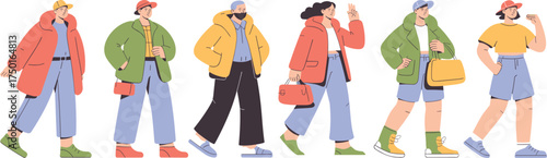 Silhouette, fashion, clothing, accessories, vector, illustration, CAD, drawing, colorful, brush strokes, shirts, pants, shoes, hat, watch, shorts, orange, green, blue, red, style, consumer