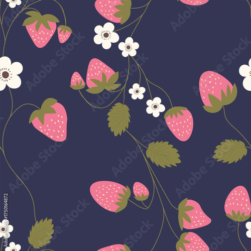 Seamless pattern with strawberry on color background. Natural delicious fresh ripe tasty fruit. Vector illustration for print, fabric, textile, banner, other design. Food concept