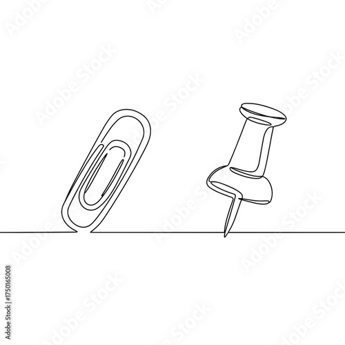Paperclip and pushpin in one line style for office or stationery use