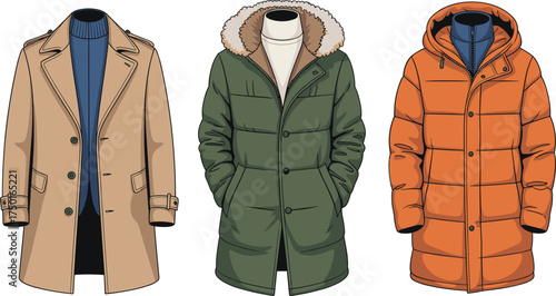 Flat vector illustration of men’s winter outerwear including trench coat, parka with fur hood, and padded down jacket for fashion.