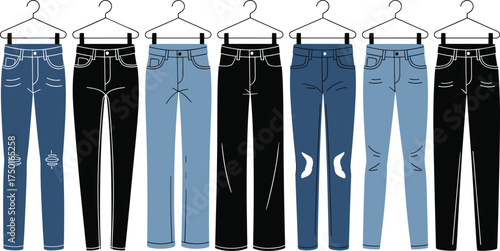 Vector illustration of various denim jeans styles on hangers, including ripped, skinny, and classic fits for fashion design projects
