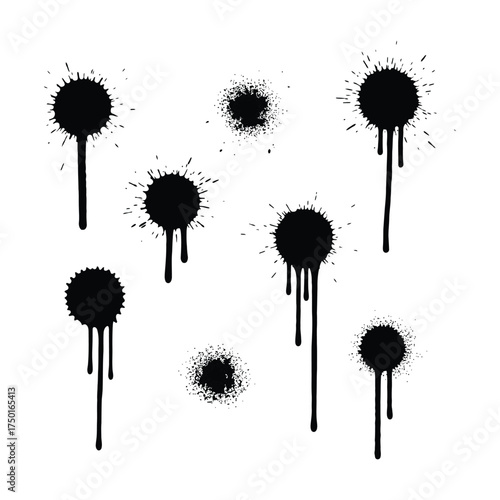 Black Ink Splatters on White Background drip stain blob spot abstract grunge texture paint graphic element design art illustration