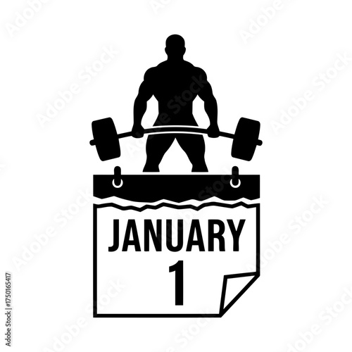 Weightlifting vector art of bodybuilder lifting barbell on january 1st calendar