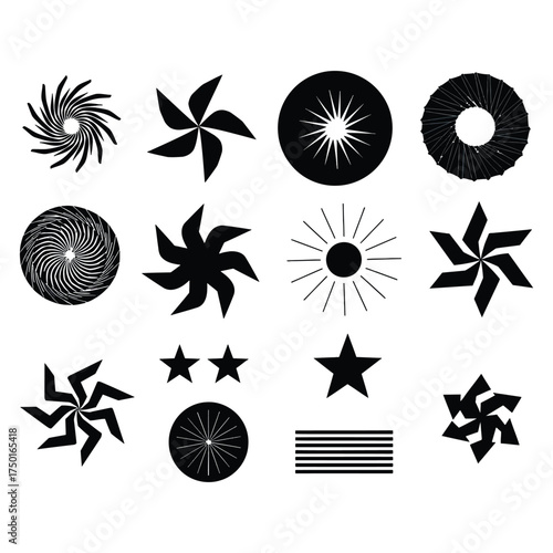 Collection of Abstract Geometric Shapes in Black and White star spiral line radiating design element pattern illustration vector