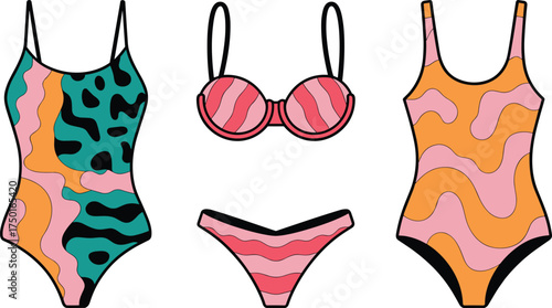 Trendy women’s swimwear vector illustration with colorful swimsuit and bikini designs, modern beachwear fashion collection, stylish summer clothing pattern, tropical apparel design template