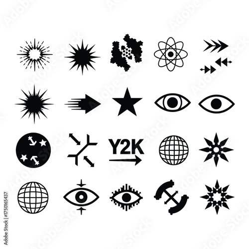 Collection of Abstract Black and White Vector Icons star arrow eye geometric shape design element atom globe y2k symbol graphic