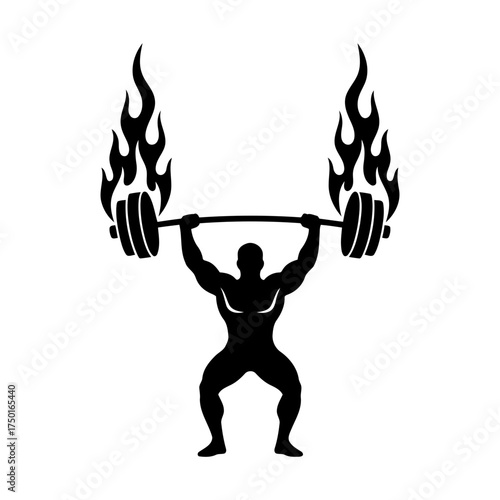 Weightlifting vector art of silhouette of bodybuilder lifting barbell with flames