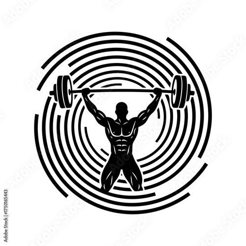 Weightlifting vector art of weightlifter lifting barbell with spiral background