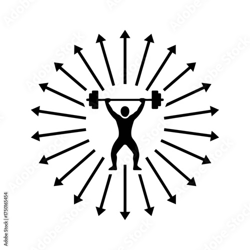 Weightlifting vector art of weightlifter silhouette with radial arrows