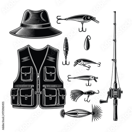 Fishing Equipment Vector Illustration hat vest lures rod black and white angling sport recreation outdoor accessory hook tackle