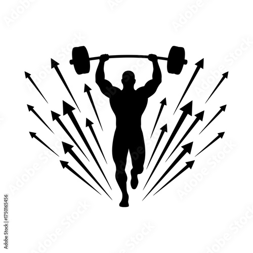 Weightlifting vector art of silhouette of a weightlifter lifting a barbell with arrows