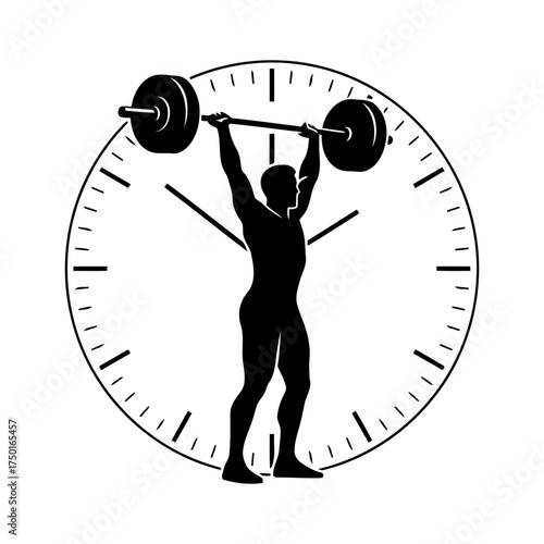 Weightlifting vector art of weightlifter silhouette with clock