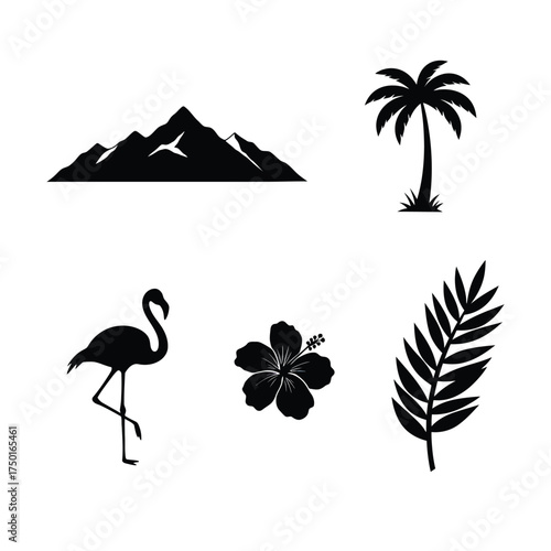 Tropical Silhouette Set mountain palm tree flamingo hibiscus flower leaf nature island summer vacation travel design vector graphic