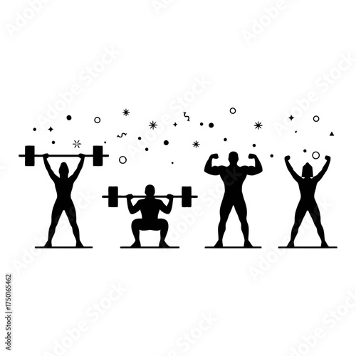 Weightlifting vector art of silhouette of weightlifters lifting barbells