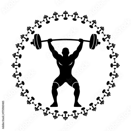 Weightlifting vector art of silhouette of a weightlifter lifting a barbell in a dumbbell frame