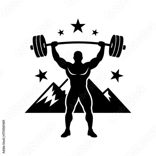 Weightlifting vector art of strong man lifting barbell with mountains and stars