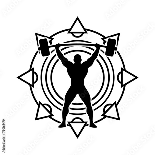 Weightlifting vector art of weightlifter lifting barbell with compass