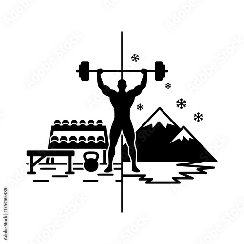 Weightlifting vector art of weightlifter silhouette lifting barbell in winter