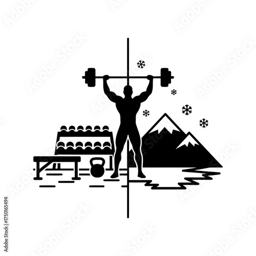 Weightlifting vector art of weightlifter silhouette lifting barbell in winter