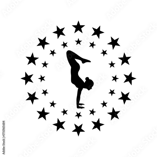 Yoga vector art of silhouette of a woman doing a handstand surrounded by stars on