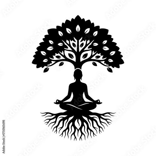 Yoga vector art of silhouette of a meditating person under a tree