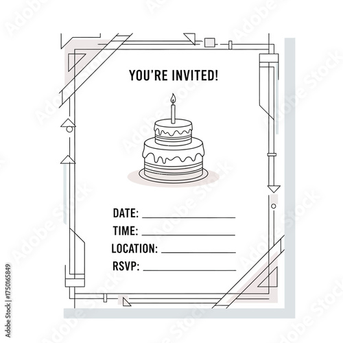Birthday Invitation Template with Cake Illustration and Modern Geometric Frame.