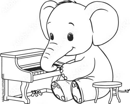 Cute Cartoon Elephant Playing Piano Line Art Illustration