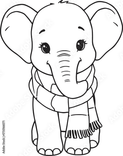 Cute baby elephant wearing a striped scarf line art illustration