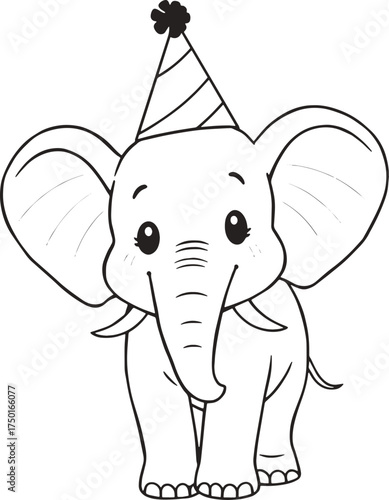 Cute Baby Elephant Wearing Party Hat Line Art Illustration