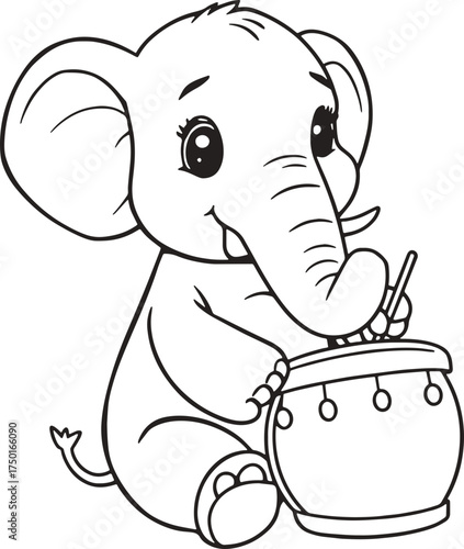 Cute Baby Elephant Playing Drum Line Art