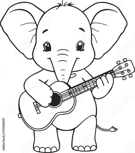 Cute baby elephant playing a guitar line art illustration