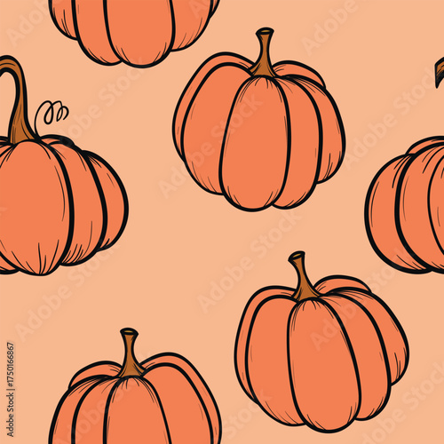 Seamless pattern with pumpkins on color background. Vector hand drawn sketched pumpkin. Autumn illustration for holidays, Halloween. Various food items in doodle style.