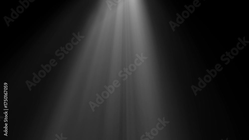 A spotlight beam on a black background, overhead lighting effect. Stage lighting from above. Overlay effect.  Soft spot lights ray,  animation motion, design element. isolated
