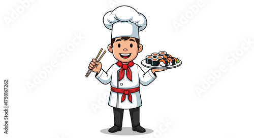 Cartoon Sushi Chef Holding Plate of Sushi