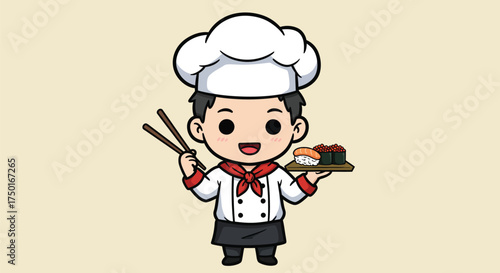 Cartoon Sushi Chef Holding Plate of Sushi