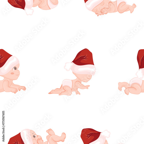 Pattern of various little children in Santa hats and lying in different positions, for themed New Year and Christmas designs