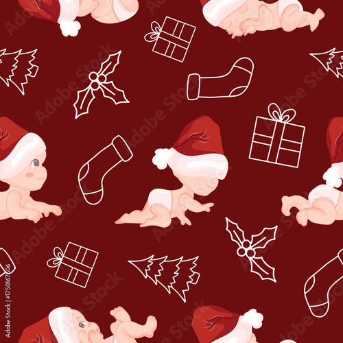 seamless pattern of various little children in Santa hats with various New Year icons on a red background, for themed New Year and Christmas designs