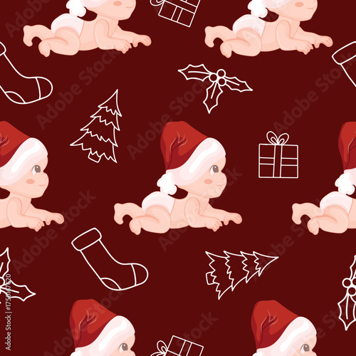seamless pattern with children lying on their stomachs in New Year's and Santa's hats and smiling and New Year's themed icons on a red background, for New Year and Christmas designs