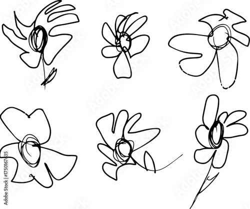 set of various flowers drawn by children in line art style, for various designs on children's themes