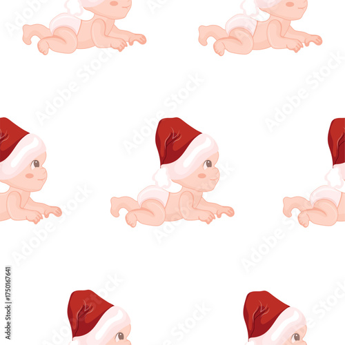 pattern with children lying on their stomachs in New Year's and Santa's hats and smiling, for New Year's and Christmas designs