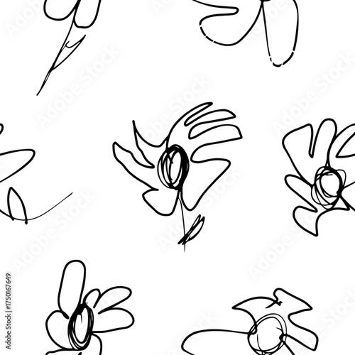 pattern of various flowers drawn by children in line art style, for various designs on children's themes