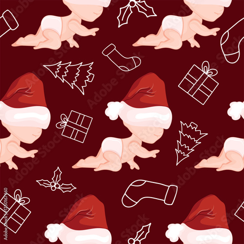 seamless pattern with cartoon children in a New Year's Santa hat pulled over their heads who are learning to crawl and thematic New Year icons on a red background, for festive, thematic designs