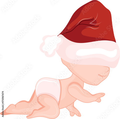 cartoon icon of a newborn baby in a Christmas Santa hat pulled over his head learning to crawl, for holiday, themed designs