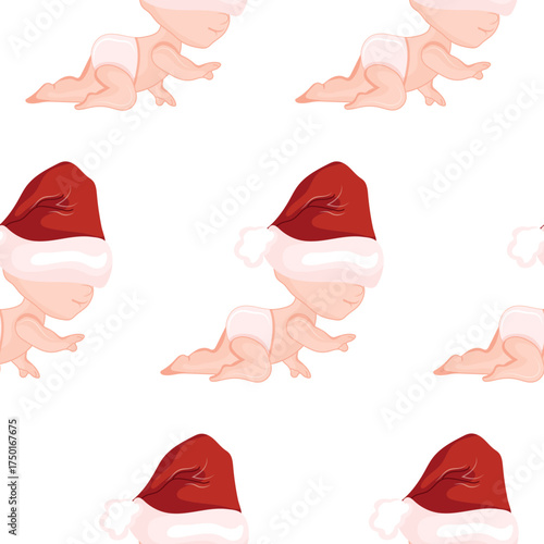 pattern with cartoon children in a New Year's Santa hat pulled over their heads who are learning to crawl, for festive, thematic designs