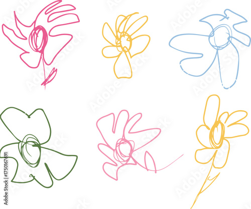 set of various flowers drawn by children in line art style, drawn in different colors, for various designs on children's themes