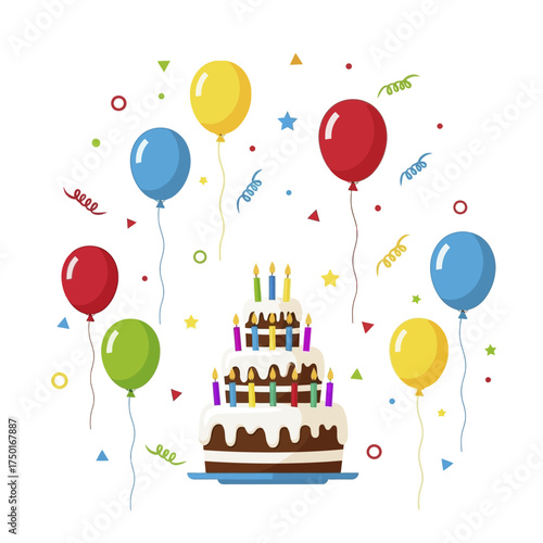 Delicious Birthday Cake with Lit Candles and Colorful Balloons.