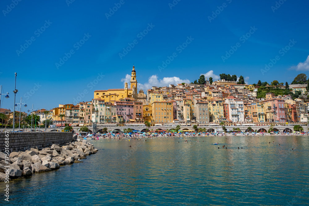 Fototapeta premium Menton, French Riviera, Côte d’Azur, France, Mediterranean, coastal town, colorful buildings, old town, harbor, seaside, beach, lemon trees, Belle Époque, travel destination, southern France, Mediterr