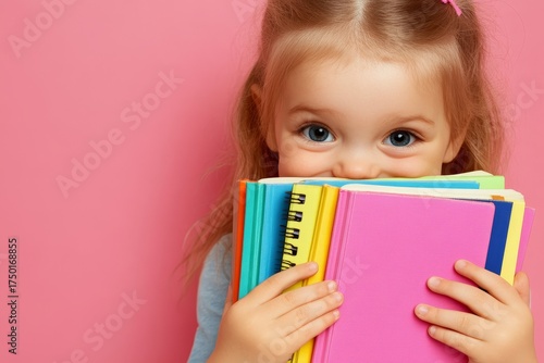 A young hipster, happy and grateful, carrying a rucksack, holding a colorful folder of papers, hands on chest, with a tender smile, isolated on a pink background leaving room for your text