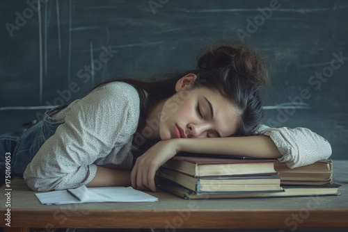A young woman drifted to sleep while engrossed in reading books at the table