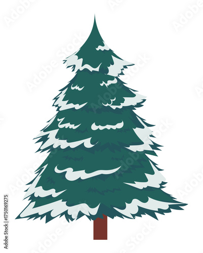 Minimalist flat illustration of a Christmas tree with snow on its green branches, ideal for winter holidays, celebration designs, greeting cards, and festive decoration themes.